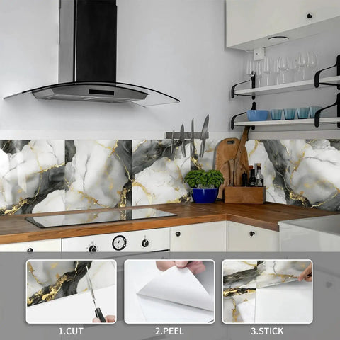 Marble Peel And Stick Backsplash Tiles 12x12 Inches Waterproof PVC Self Adhesive Wall Panels installed in kitchen