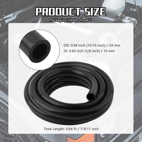 Black silicone heater hose for automotive cooling, 9.84 ft long, 16 mm ID / 24 mm OD, 60 psi working pressure.