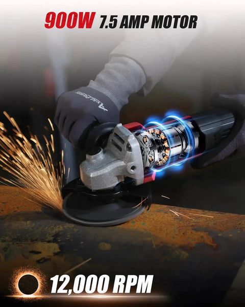 Person using Angle Grinder Four And A Half Inch 7.5 Amp Electric Grinder With Grinding And Cutting Wheels on metal surface