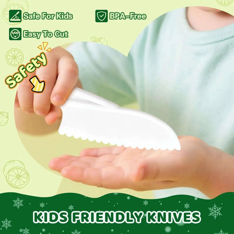 Toddler Knife Set For Kids Real Cooking Safe Kitchen Tools with child holding kid-friendly knife designed for safe cutting