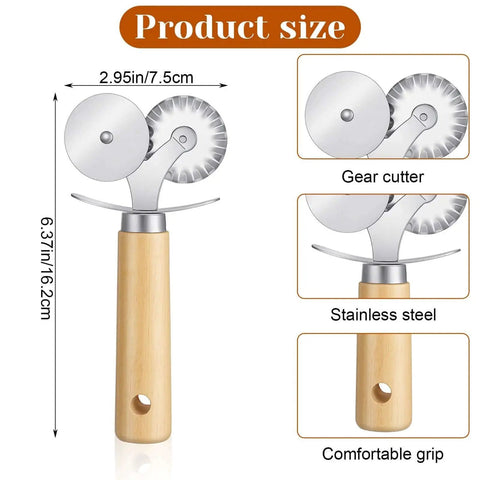 Dual Wheel Pasta Cutter And Ravioli Crimper With Crinkle Wheel And Wooden Handle For Dumplings Dough Noodles Pizza Cookies And Pastry Making The Real Deal For Home Kitchen Use Sibba, stainless steel design, wooden handle, product dimensions shown.