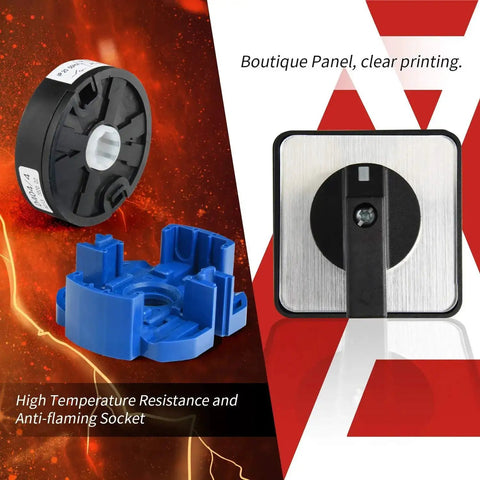 BeefedUp Three Position Latching Changeover Selector Switch 63A 440V, panel components showing high temperature resistance