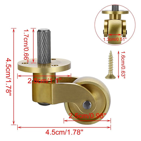 Close-up of 4 Pack Universal Brass Caster Stems Wheels 22mm Heavy Duty Swivel Casters 360 Degree Rotation For Metal Furniture Movable Casters Replacements For Trunk Box Trolley Cabinet Coffee Table, showing dimensions and detailed design.