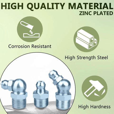 Aienxn grease fittings set: zinc-plated SAE/metric zerk fittings in straight, 45°, and 90° angles; three fittings shown.