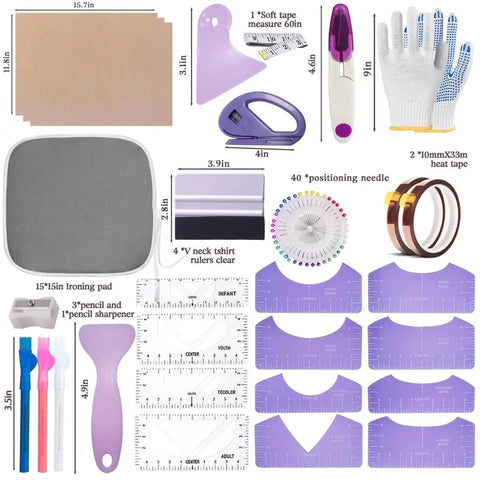 All In One Sublimation Shirts Tool Kit For Vinyl Alignment With Portable Ironing Pad And T Shirt Ruler Guides Must Have Teflon Sheets For Cricut Heat Press HTV Center Designs Plus Heat Resistant Gloves Tape Pencils And Mini Pruning Tool displayed