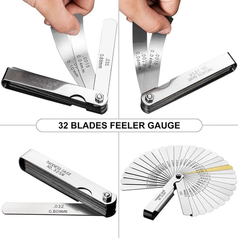 32 Blade Feeler Gauge Set for Precision Gap Measurement in Guitars, Spark Plugs, and Pistons, SAE and Metric Readouts, stainless steel