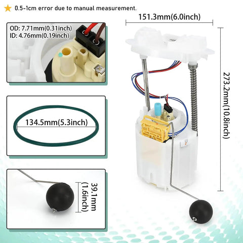 Fuel Pump Module Assembly Replacement For Chrysler 300 Dodge Challenger Charger Magnum Suits 2.7L 3.5L 3.6L 5.7L 6.1L 6.4L Hemi V8 V6 Engines Fits 2005 Through 2017 Models E7192M front view with dimensions