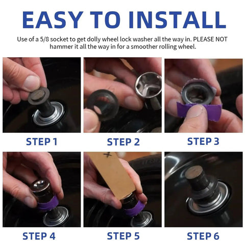 Installation steps for Five Eighth Inch Wheel Lock Washers For Axle Rods 20 Pcs Manganese Steel showing socket and washer use