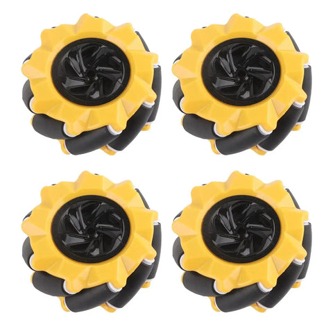 Four 80mm yellow and black Mecanum wheels for Omni Directional Mecanum Wheel Kit For DIY Smart Robot Car With TT motors.