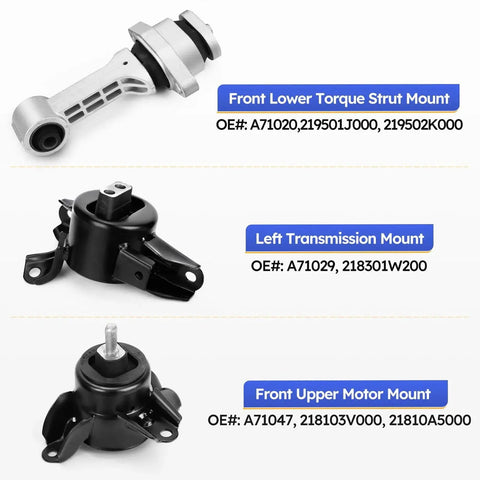 Beefed-Up Engine And Transmission Mount Kit For Hyundai Elantra 1.8L 2011-2016, Accent 1.6L 2012-2014, Veloster 1.6L 2012-2017, Rio 2012-2017, Forte 1.6L 2014-2016 Black Aluminum Iron Rubber Mounts For Smoother Powertrain And Quieter Ride with front lower torque strut, left transmission, and front upper motor mounts visible