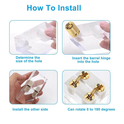 How to install 4 Pcs 12mm Invisible Brass Barrel Hinges with 180 Degree Opening, showing step-by-step installation in acrylic block.
