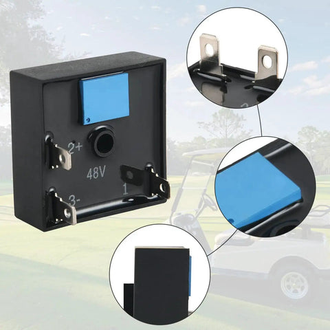 Close-up of 30 Second Brake Light Timer Relay for Golf Carts showing 48V connection points and blue module, boosts safety and visibility.