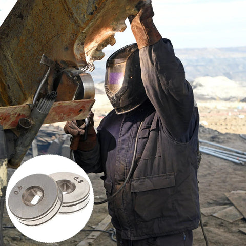 Wire feed drive rollers (2 pcs), 0.6/0.8 mm knurled for SSJ16 MIG welders; inset close-up of rollers.
