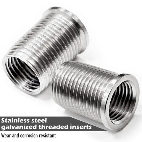 Close-up of stainless steel galvanised threaded inserts for Spark Plug Thread Repair Kit With M10 X 1.0 Bolt And M12 X 1.0 Tap