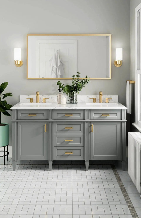 Bathroom with gray cabinets featuring Brushed Gold Cabinet And Drawer Pull With 3 Inch Centers Delivers Modern Glamour And Everyday Luxury For Cabinets And Furniture LifeShine Non Tarnish Finish Durable Hardware With Smooth Operation DN0707BG