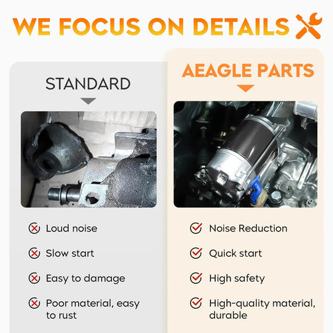 Comparison between standard starter motor and Aegle Parts starter motor with noise reduction and durability features.