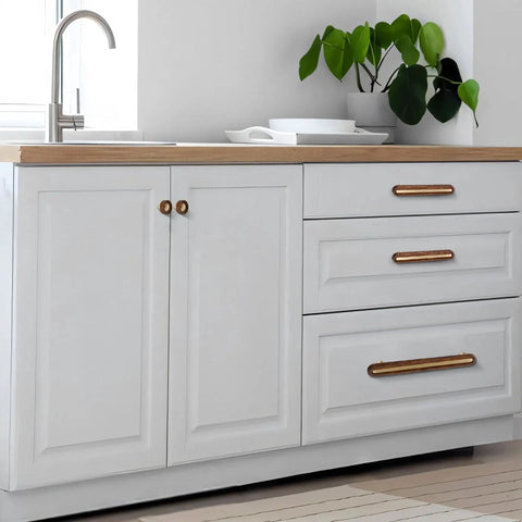 Kitchen cabinet with solid brass and wood cabinet pulls, five-pack, three and three-quarter inch center to center dresser drawer handles.