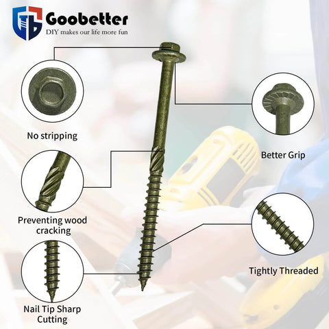 50 Pack 10 Inch Structural Wood Screws Size 14 By 10 Beefy Heavy Duty Exterior Timber Screws With Green Anticorrosion Coating Washer Head Rust Resistant Hex Socket Included For Exterior Projects