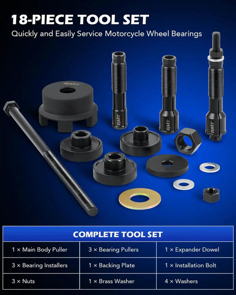 Harley Wheel Bearing Puller Tool Kit For Removal And Installation Of Three Quarter Inch Bearings 18 Piece Set components