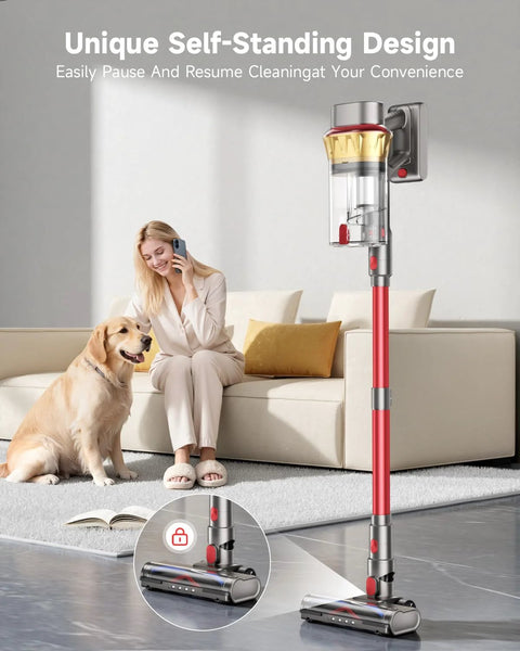 AIPOWAY 650W cordless vacuum cleaner, red with clear dustbin, self-standing design.