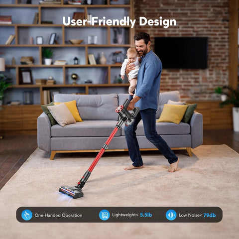 Comvtu cordless vacuum cleaner, rave red with long wand, in use by a man with a baby in a living room setting