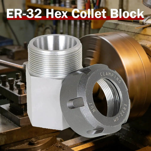 ER-32 Hex Collet Block Holder for CNC Lathe and Engraving Machines, precision ground tool steel, displayed on a lathe, collet nut included