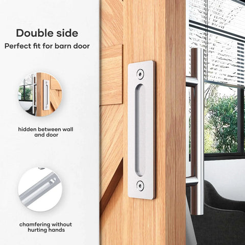 12 Inch Stainless Steel Sliding Barn Door Handles And Pulls Set With Flush Mount Hardware installed on a wooden door