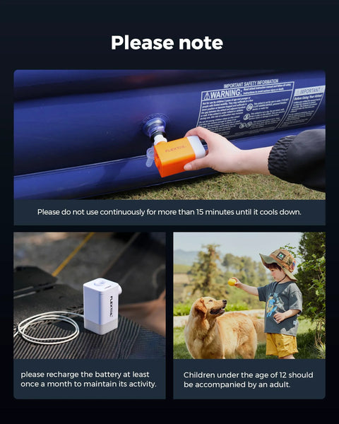 FLEXTAILGEAR portable air pump (orange/white) attached to an inflatable valve for quick inflation.
FLEXTAILGEAR rechargeable battery unit, white and blue, with charging cable visible.
FLEXTAILGEAR lifestyle scene: child outdoors with a dog in a garden.