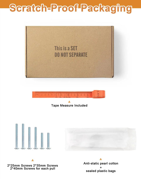 Scratch-proof packaging with screws, tape measure, and anti-static bags for 5 Inch Matte Black Cabinet Handles Set Of 10 Heavy Duty Drawer Pulls For Cabinets And Dressers Corrosion Resistant Zinc Alloy Hardware With 25mm 35mm And 40mm Mounting Screws Included.
