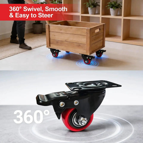 4-pack 1.5-inch polyurethane swivel caster wheels with brakes, red wheels shown under a wooden crate