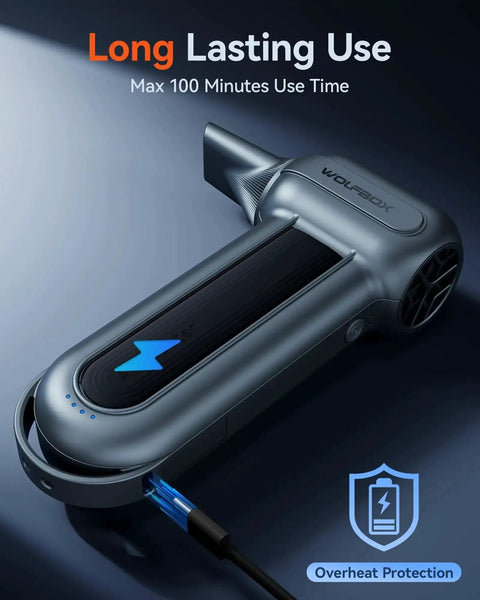MegaFlow100 Cordless Electric Air Duster With 150000 RPM Turbo Power Brushless Motor shown with charging cable