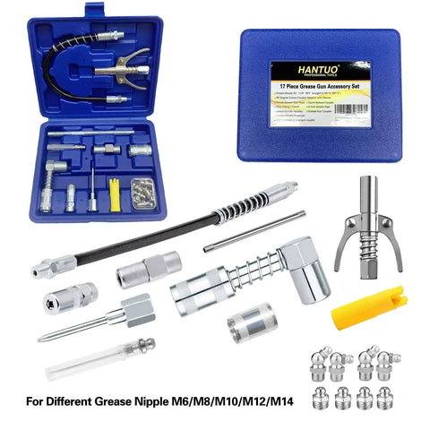 All In One 17 Piece Grease Gun Accessory Kit With Quick Connect Coupler 90 Degree Adapter 12 Inch Spring Flex Hose Zerk Fittings