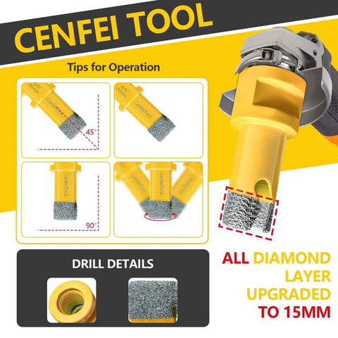Pro Grade 15 Piece Diamond Tile Hole Saw Kit With 5 By 8 By 11 Thread Includes Saws From 6mm To 100mm 2 Inch Chamfer Bit Finger Milling Bit Cutting Discs SDS Adapter Ideal For Ceramic Tile Porcelain Granite showing hole saw close-up and usage tips