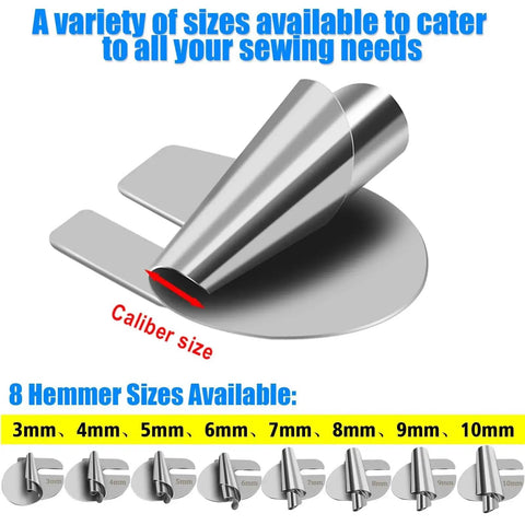 TOOVREN rolled hemmer foot set, front view, metal, 3–10 mm sizes for sewing machines.