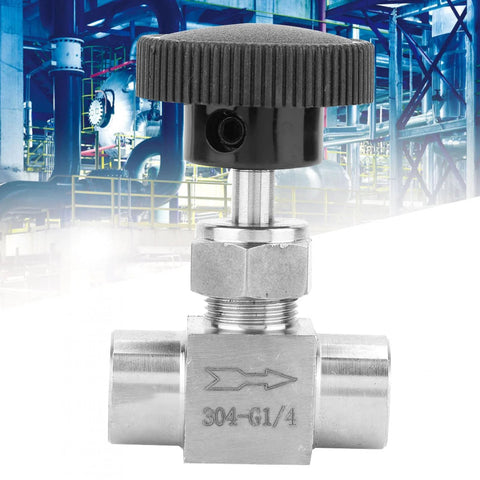 Stainless steel needle valve with black knurled knob, 1/4 in NPT female x 1/4 in NPT female connections
