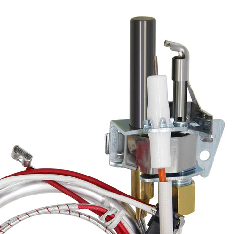 Denkuhin water heater pilot assembly with thermopile, mounted on metal bracket with white insulated tube and wiring