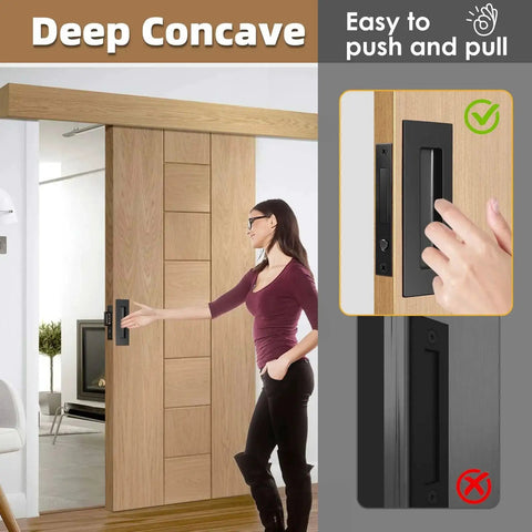 Woman using 6 Inch Pocket Door Hardware Set Complete 304 Stainless Steel Kit with Pop Out Ring Handle and Edge Pull.