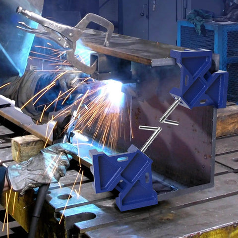 Heavy Duty Cast Iron Welder's Angle Clamp for Precise 90 Degree Joints in use during welding with unobstructed workspace