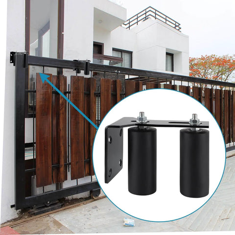 Slide Gate Guide Roller With Two And A Half Inch UHMW Nylon Wheel And Beefy Steel Bracket installed on a wooden gate
