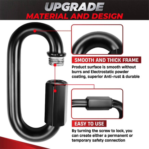 Close-up of Heavy Duty Chain Quick Links 4.2 Inch 2 Pack, 2500 LBS Weight Capacity, anti-rust black steel showing smooth frame and design.