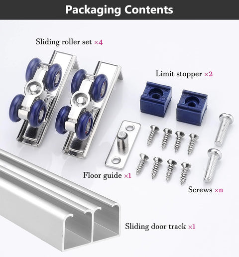 Beefy Heavy Duty Aluminum Sliding Door Track Kit For Two Door Systems With Dual Wheel Barn Door Hardware Bypass Pocket Frame Set For Interior Wooden Doors Silver Finish 9.5 Ft Length Easy Glide Rust Resistant packaging contents