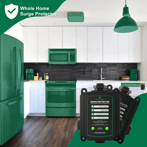 36,000 Amp Whole House Surge Protector for 120/240V shown in modern kitchen setup, compact design for home device protection.