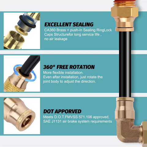 Heavy Duty 50 Feet Quarter Inch Air Hose With 11 Piece Push To Connect Fittings Kit Brass DOT SAE J844 PA12 Nylon Air Line Tubing details