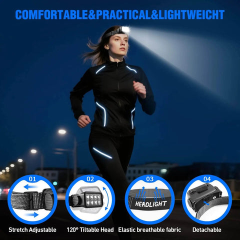 Woman running at night wearing 6 Pack Rechargeable LED Headlamp With Motion Sensor IPX6 Waterproof Hands Free Headlamp for safety.
