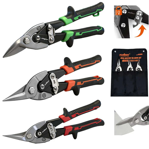 3 Pack 10 Inch Aviation Tin Snips Set For Sheet Metal Cutting, straight, left, right cuts, Chrome Vanadium steel, safety lock shown