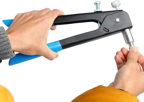 Close-up of rivet nut gun in use, part of 191 Piece Heavy Duty Blind Rivet Nut Kit Set With Pro Grade Rivet Nut Gun And 185 Piece Metric Nuts M3 M4 M5 M6 M8 For Auto Marine And Metalworking Projects High Strength Steel Rivnuts For Strong Secure Fastening.