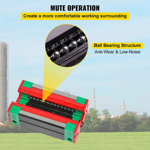 Two red and green linear rail carriage blocks with black rail and visible ball bearings.