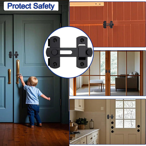 Heavy Duty Barn Door Lock With 180 Degree Flip Latch For Privacy And Child Safety installed on various door types in home settings.