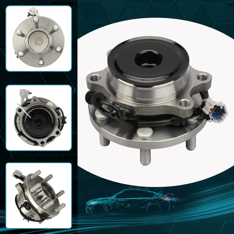 Front Wheel Bearing And Hub Assembly 6 Lug 2WD RWD With ABS Replacement Fits Nissan Frontier 2005 2016, Nissan Xterra 2005 2015, Suzuki Equator 2009 2012, Budget Friendly Wheel Hub Bearing Unit; front and side views
