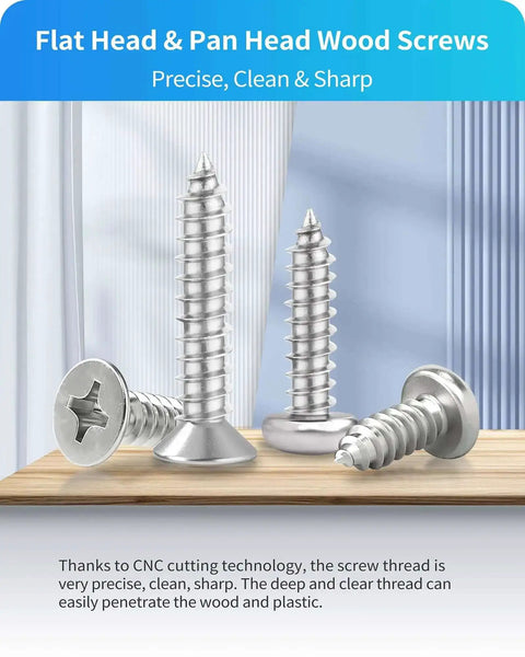 Flat and pan head screws from 580 Piece Stainless Steel Wood And Sheet Metal Screw Set With 16 Sizes M3 To M6.
